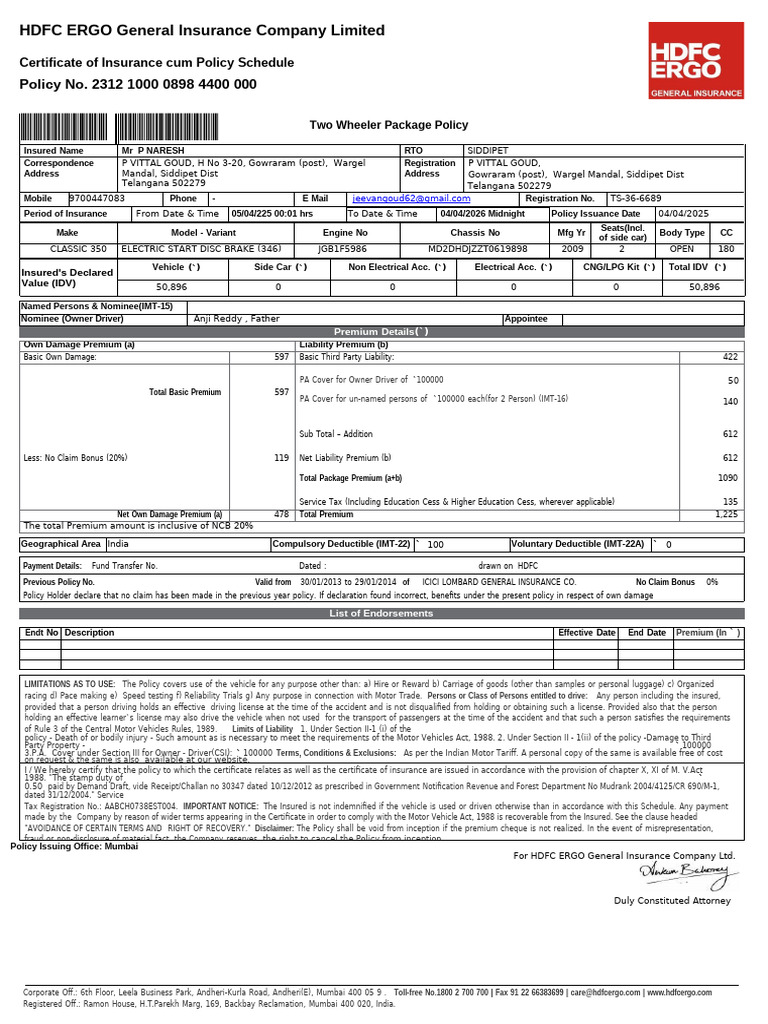 HDFC Ergo Bike Insurance Policy Document | PDF | Insurance | Driver's ...