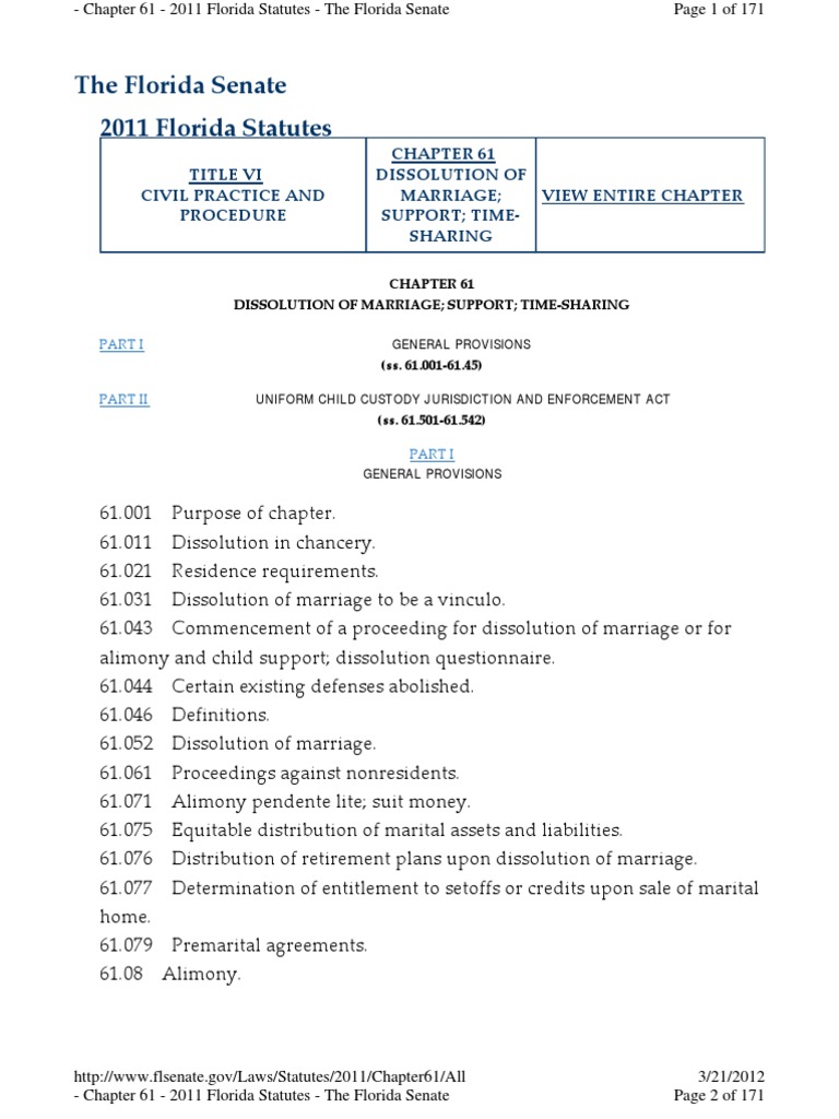 FL Statutes CH 61 Alimony Child Support