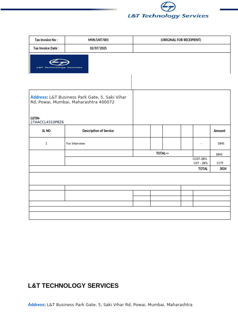 L&T Invoice for Interview Services | PDF