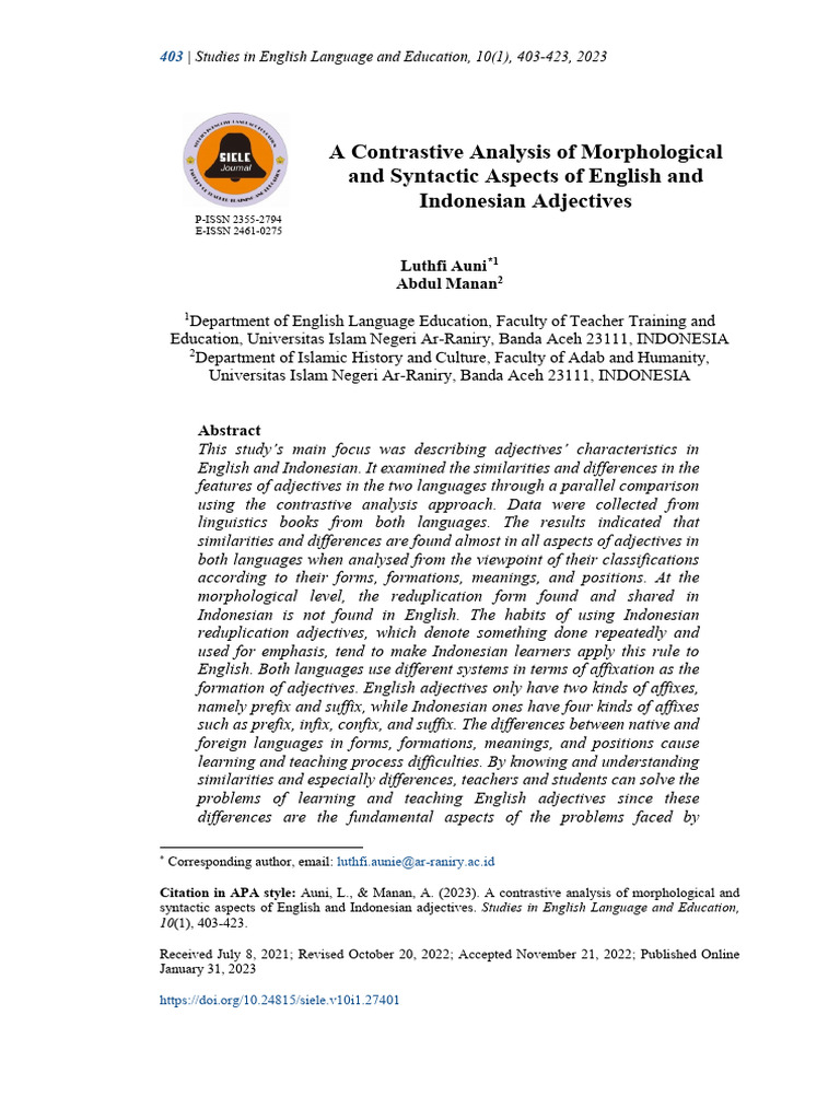 2023 A Contrastive Analysis of Morphological and Syntactic Aspects of ...