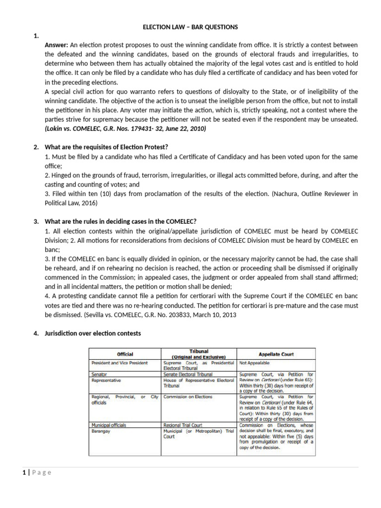 Election Law Bar Exam Questions Guide | PDF | Naturalization | Citizenship