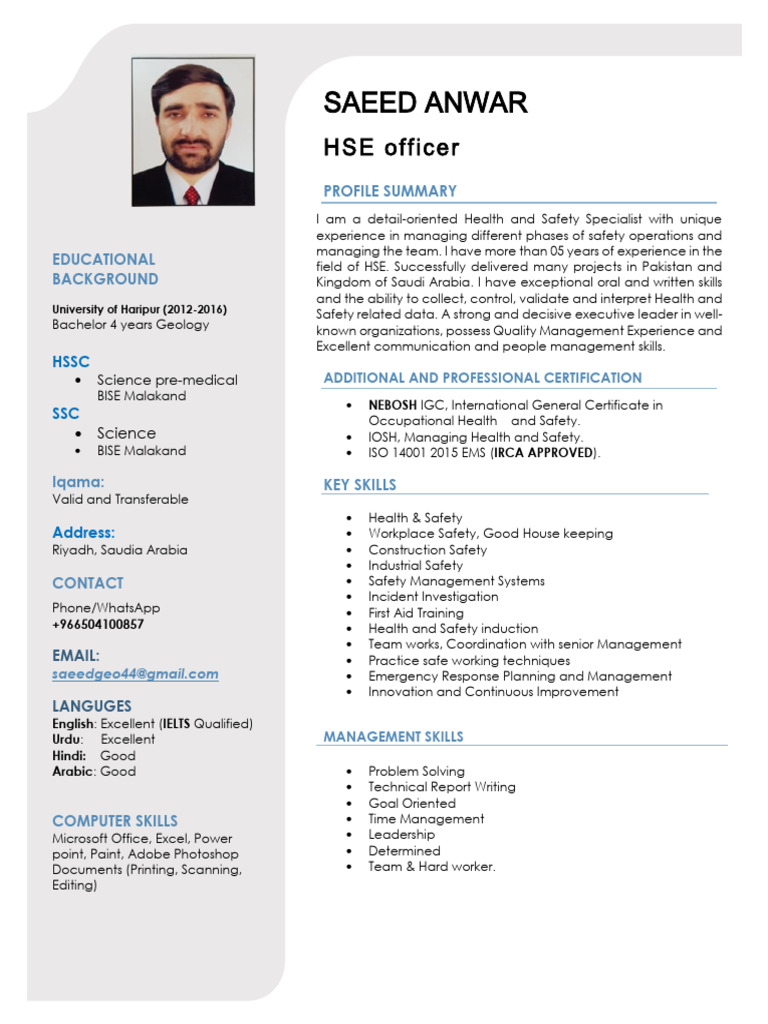 HSE Officer Resume: Saeed Anwar | PDF | Safety | Occupational Safety ...