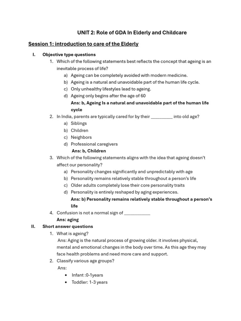 UNIT 2: Role of GDA in Elderly and Childcare Session 1: Introduction To ...