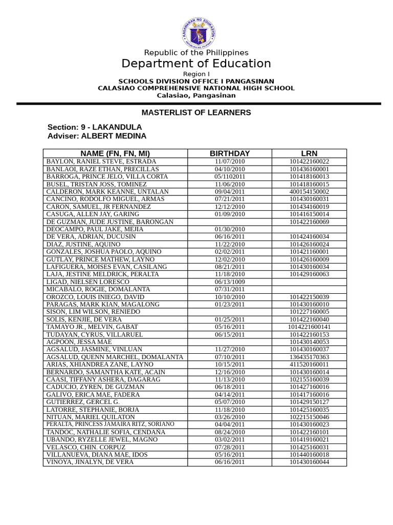 Calasiao Comprehensive High School Learners Masterlist | PDF