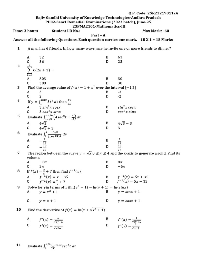 20-06-25-23PMA2101-Mathematics-III (QP) | PDF | Interval (Mathematics ...