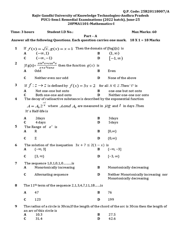 17-06-25-20PMA1101-Mathematics-I (QP) | PDF