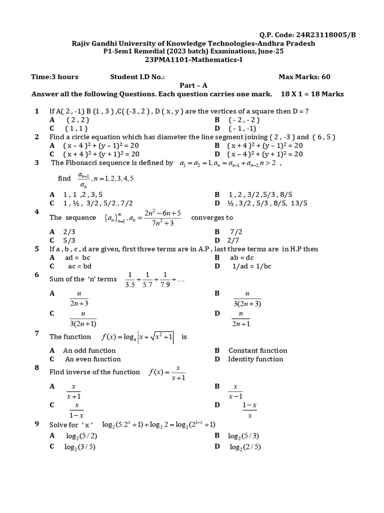 17-06-25-23PMA1101-Mathematics-I (QP) | PDF