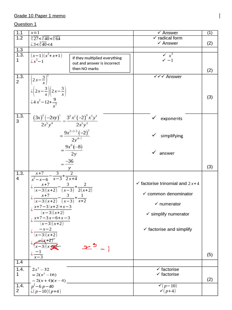 Grade 10 Math Paper 1 Memo | PDF | Mathematics | Algebra