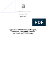 Approval of Public Hearing Staff Report, Approval of Fare Change Proposal and Update On FY2013 Budget
