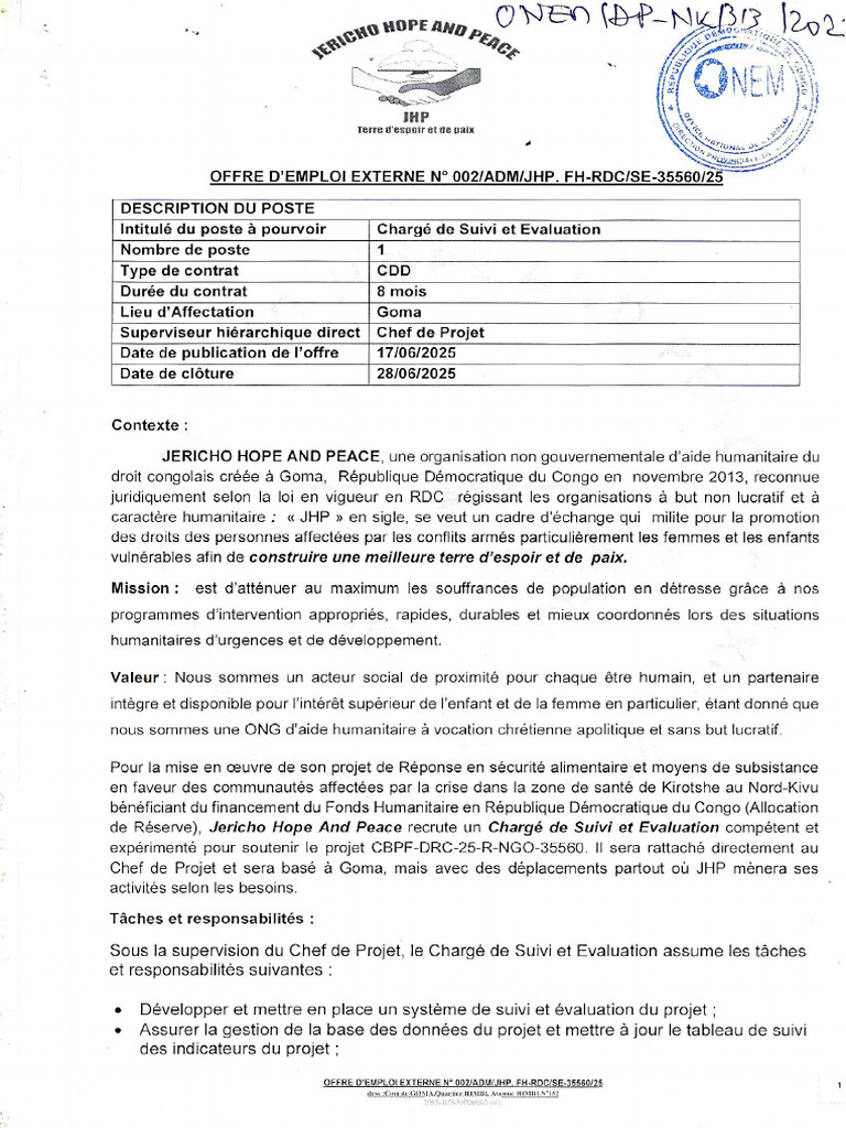 Offre D'emploi Suivi Evaluation Jericho Hope and Peace-Fh-Rdc | PDF