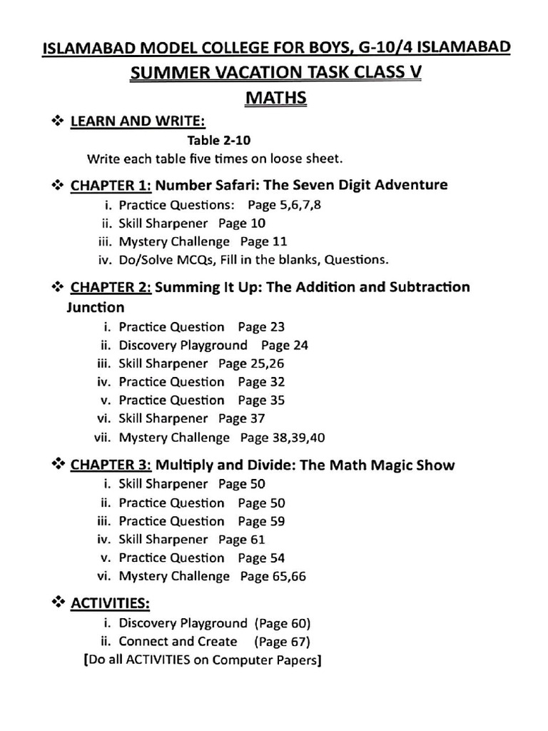 Summer Task 2025 (Class V-B) | PDF