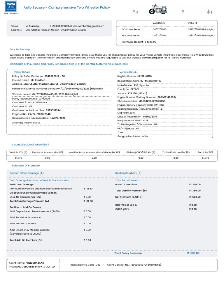 Comprehensive Two Wheeler Insurance Policy | PDF | Insurance | Deductible