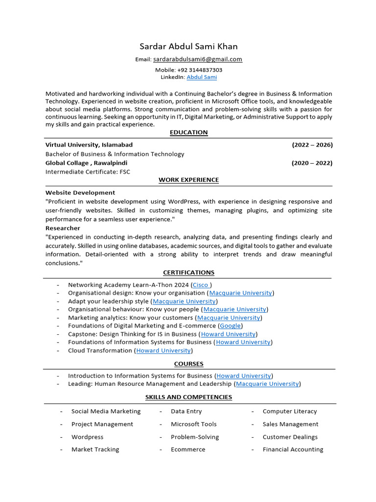Sardar Abdul Sami Khan CV PDF - 1