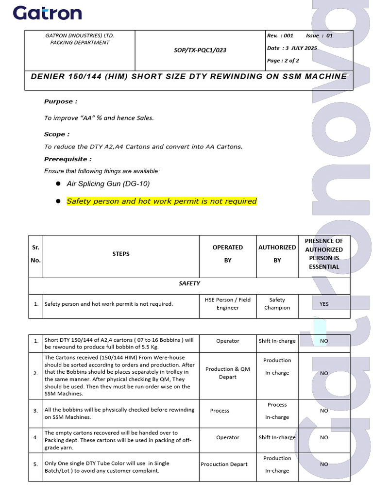 DTY Rewinding SOP for Packing Process | PDF