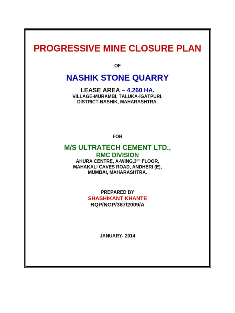 Nashik Stone Quarry Closure Plan | PDF | Mining | Road