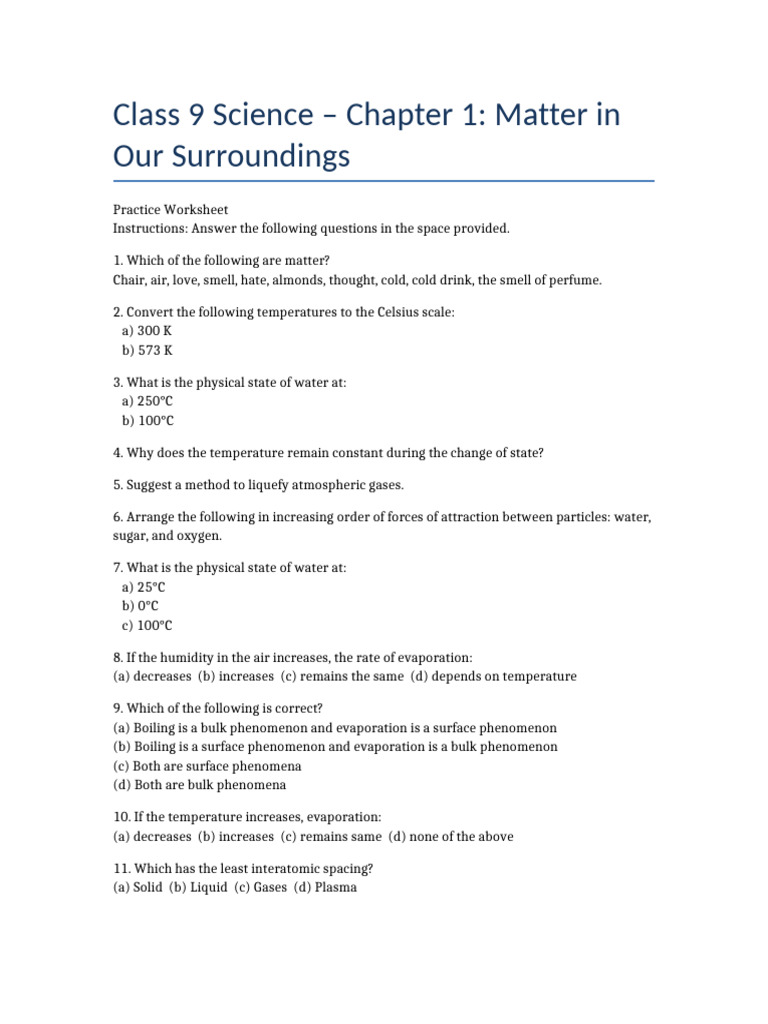 Chapter 1 Matter Practice Worksheet | PDF | Temperature | Evaporation