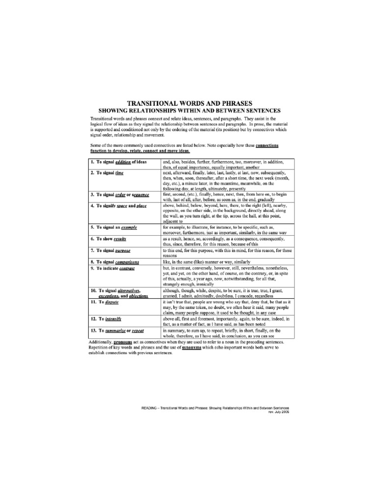 Transition Words and Phrases | PDF