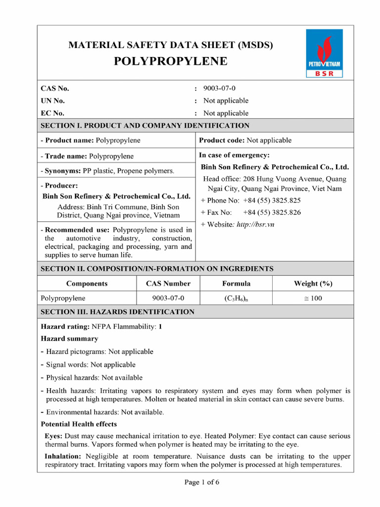 MSDS PP BSR | PDF