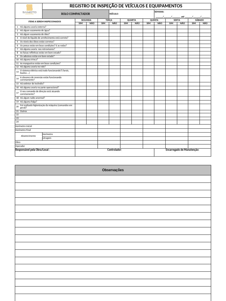Check List de Inspeção Rolo Compactador | PDF