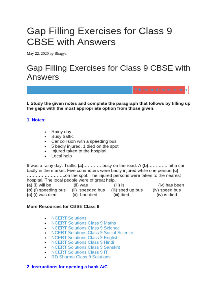 Gap Filling Exercises for Class 9 CBSE | PDF | Automated Teller Machine