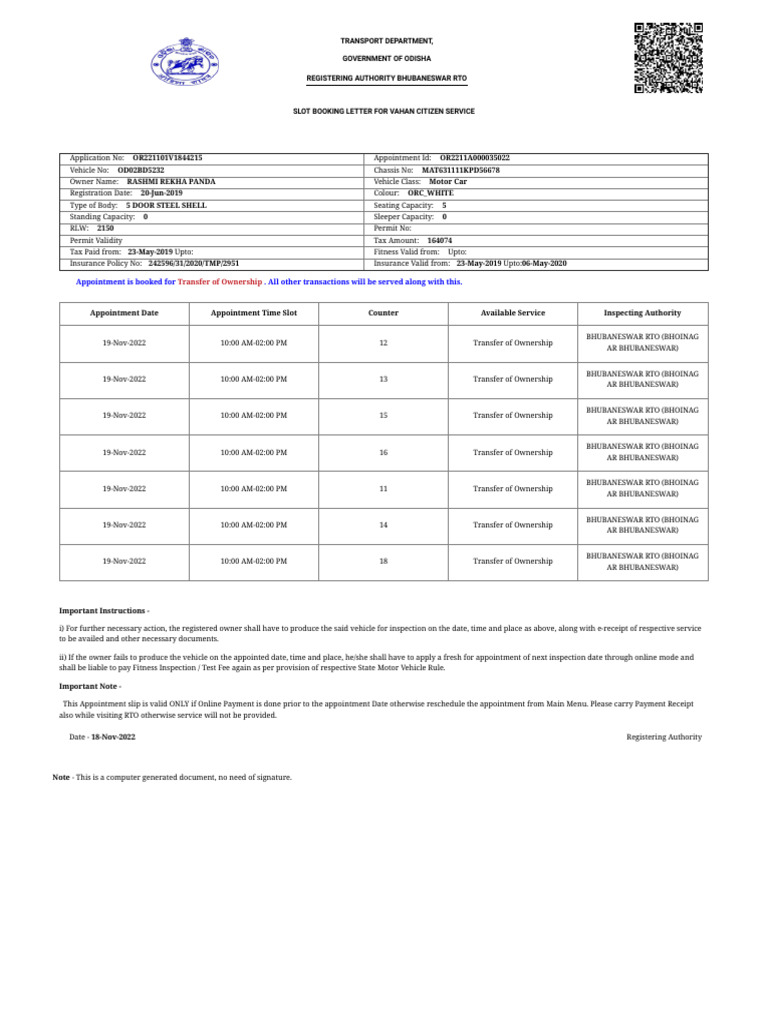 Vahan Appointment Confirmation for RTO | PDF | Vehicles | Transport
