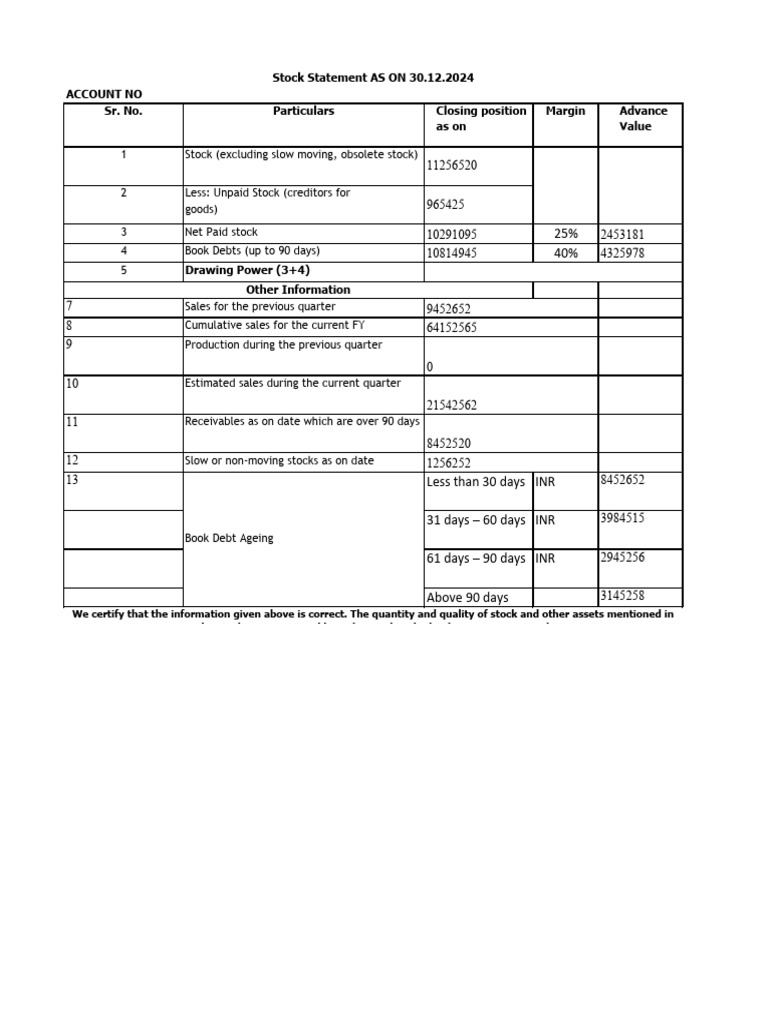 Stock Statement and Book Debt Analysis | PDF