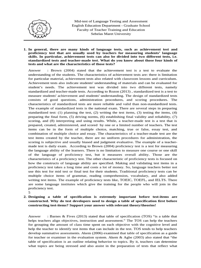 Language Testing: Types and Characteristics | PDF | Educational ...