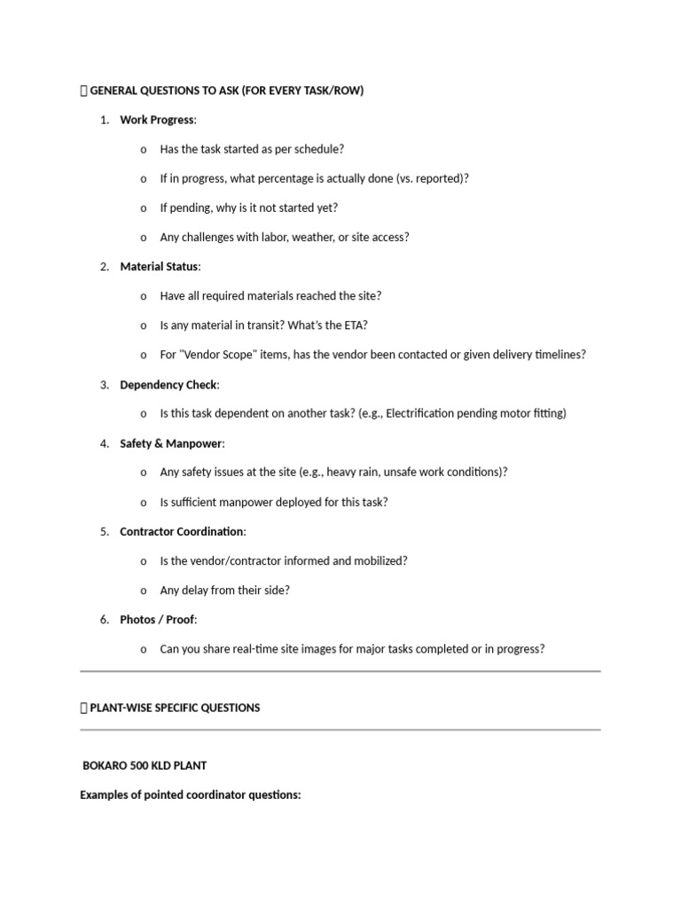 Project Coordination Questions Checklist | PDF