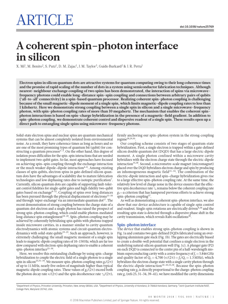 Strong Spin-Photon Coupling in Silicon | PDF | Electron | Spin (Physics)
