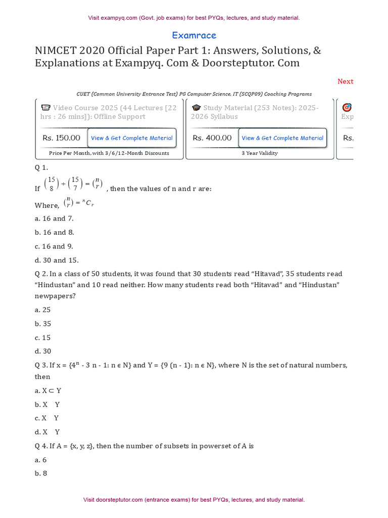 NIMCET 2020 Question Paper PDF | PDF | Matrix (Mathematics) | Triangle