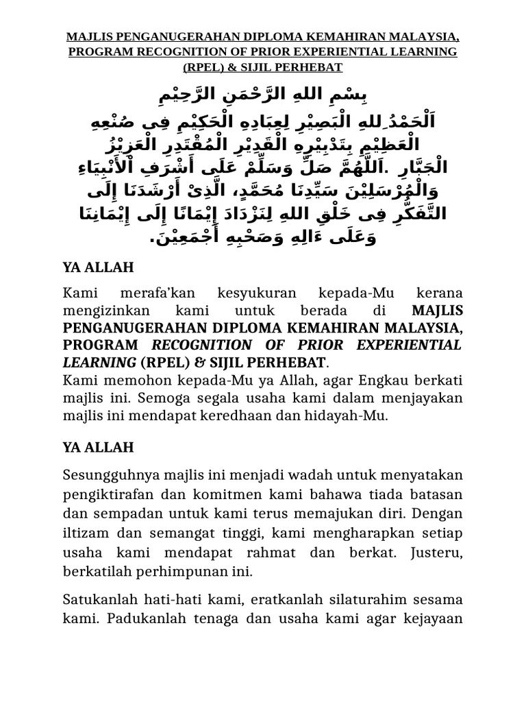 Doa Majlis Penganugerahan Diploma Kemahiran Malaysia, Program ...