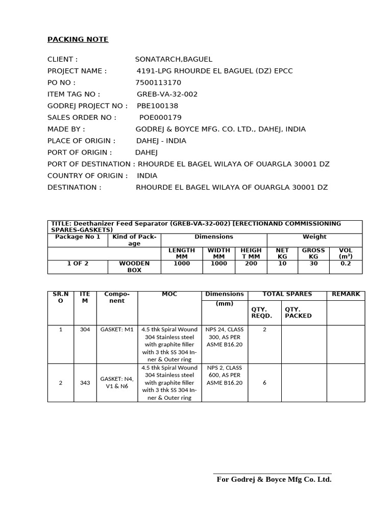 Packing Note for LPG Project 4191 | PDF