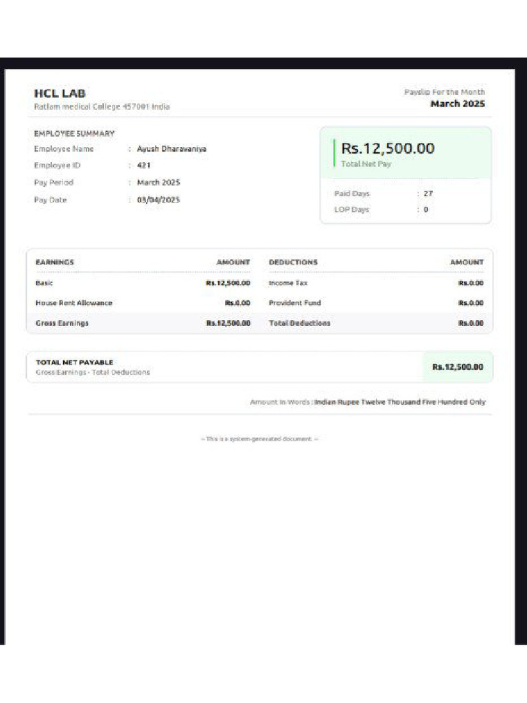 Salary Slip HCL Labs | PDF