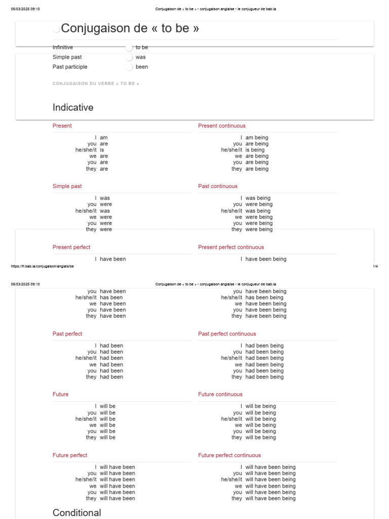 Conjugaison de To Be - Conjugaison Anglaise - Le Conjugueur de Bab - La ...