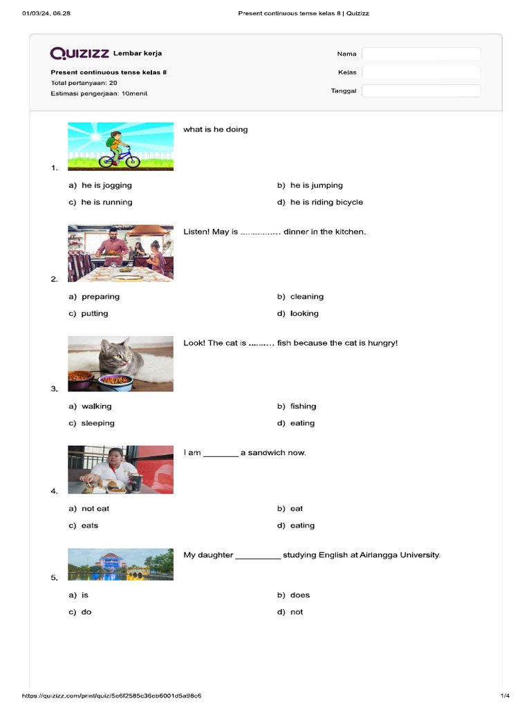 Present Continuous Tense Kelas 8 - Quizizz | PDF