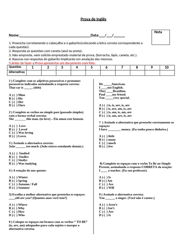 Prova de Inglês: Questões e Respostas | PDF | Linguística | Famílias ...