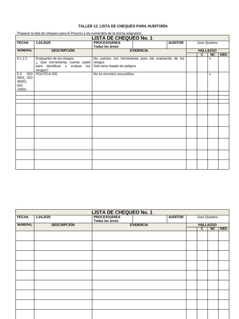 Lista de Chequeo para Auditoría ISO | PDF