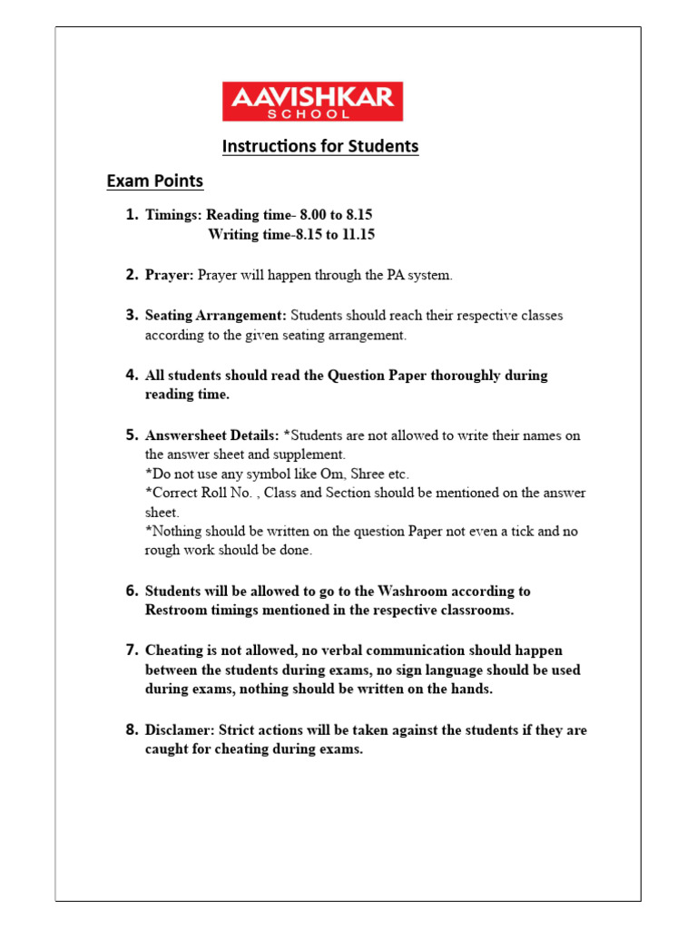 Exam Instructions for Students | PDF