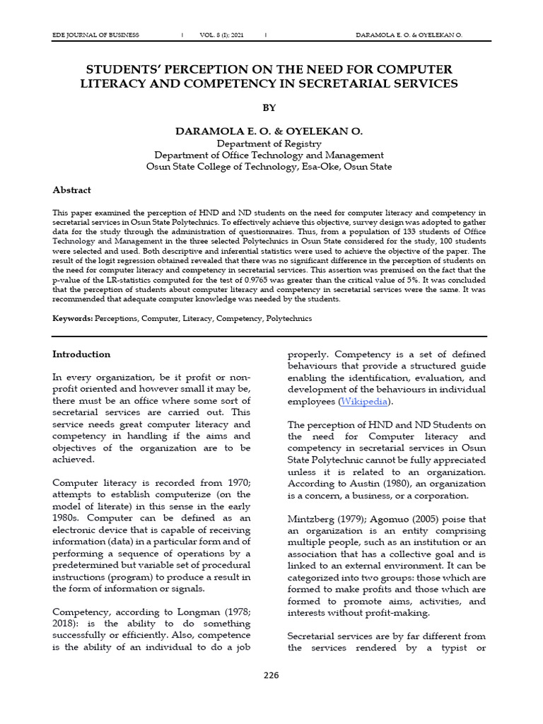 Computer Literacy in Secretarial Services | PDF | Statistics ...