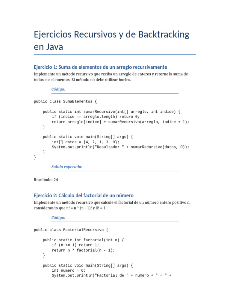 Ejercicios de Recursión y Backtracking en Java | PDF | Programación de ...