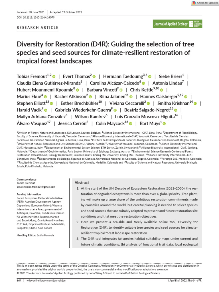 Journal of Applied Ecology - 2021 - Fremout - Diversity For Restoration ...