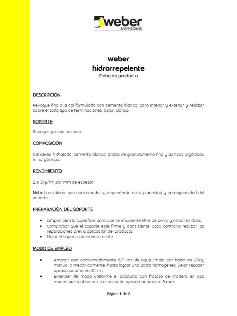 Weber Hidrorrepelente: Ficha Técnica | PDF | Cemento | Lima (Material)