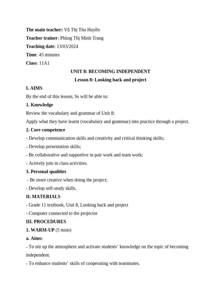 Lesson Plan: Unit 8 Review & Project | PDF | Teachers | Question