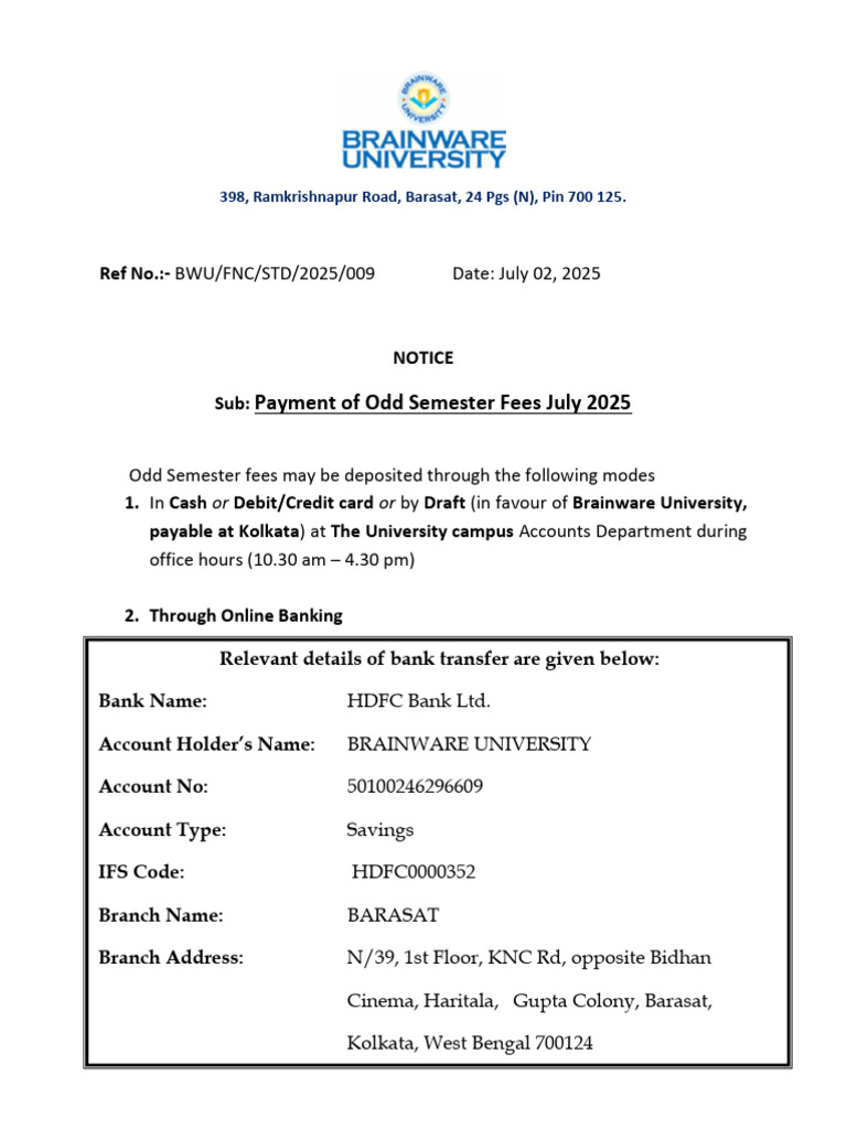 Notice - Semester Fees - July 2025 (2025-009) | PDF