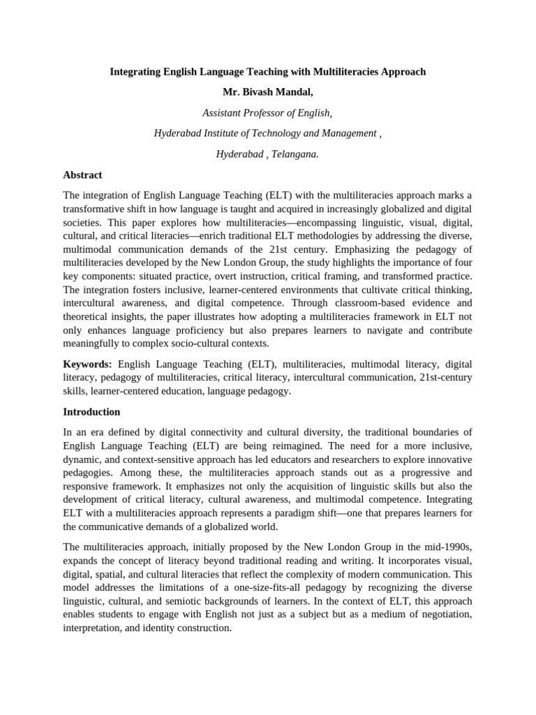 Multiliteracies in English Language Teaching | PDF | Pedagogy | Learning