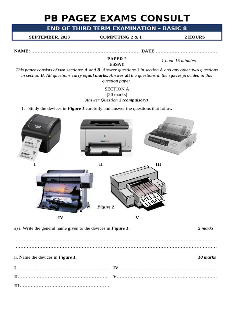 Basic 8 Computing Exam September 2023 | PDF | Printer (Computing ...