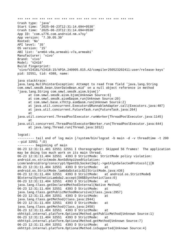 Java Crash Report for App v7.39.05.39 | PDF | Java (Programming ...