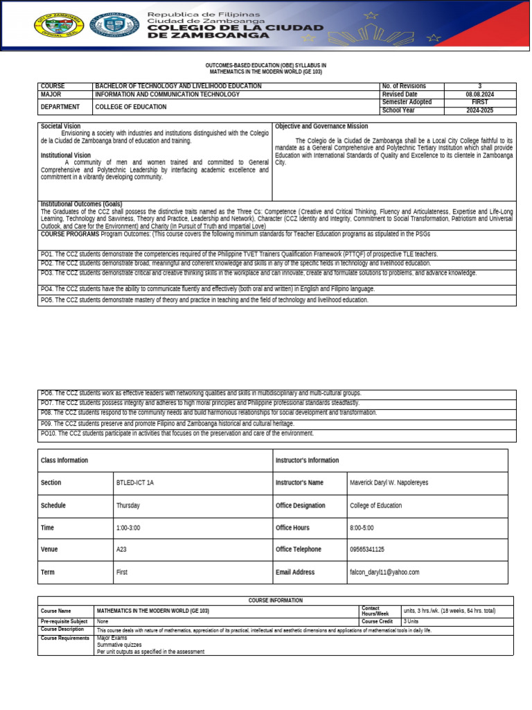 GE 103 Mathematics Syllabus & Answer Key | PDF | Mathematics | Algebra