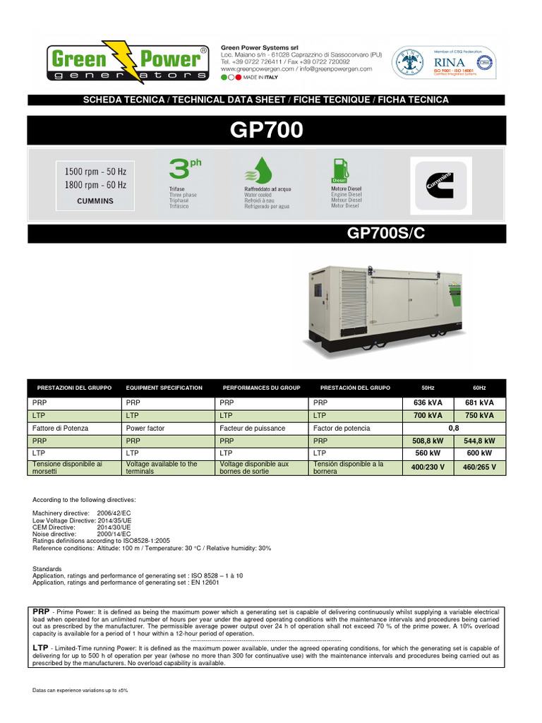 GP700 Generator Technical Specifications | PDF | Electricity