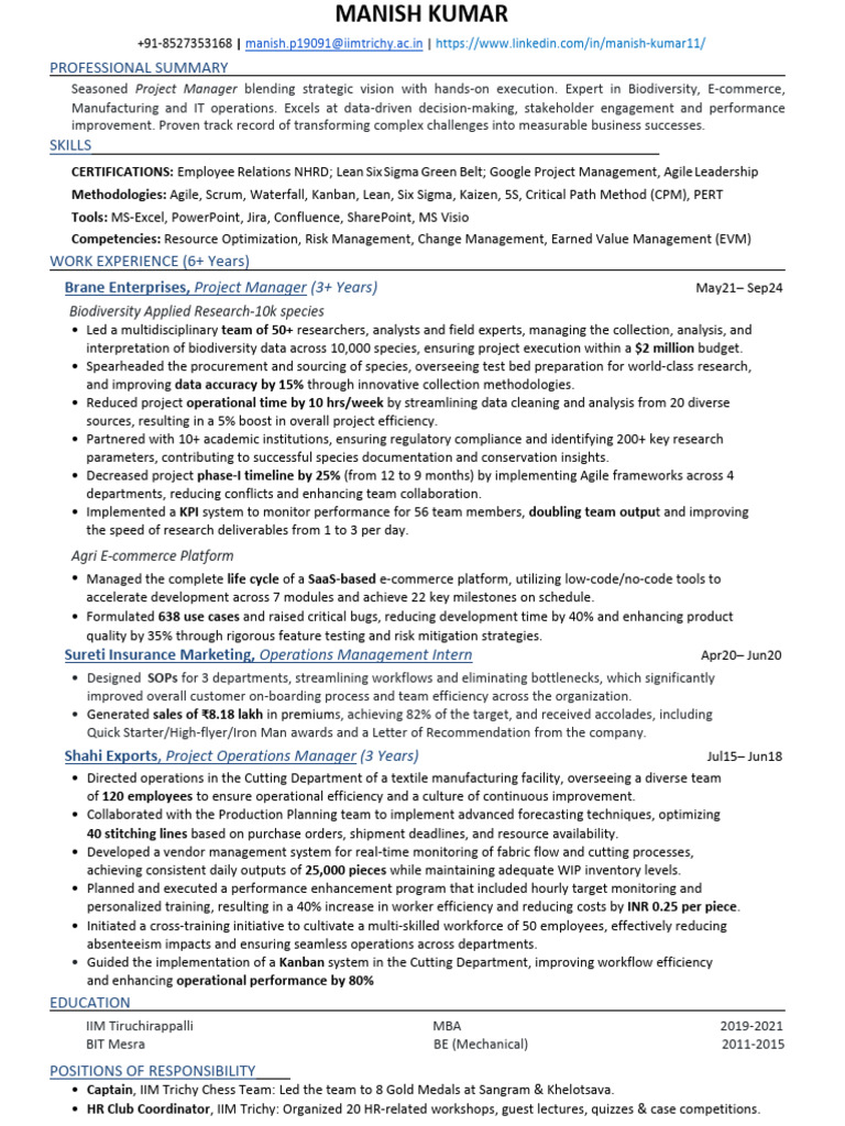Resume Manish Kumar Project Management | PDF | Project Management ...